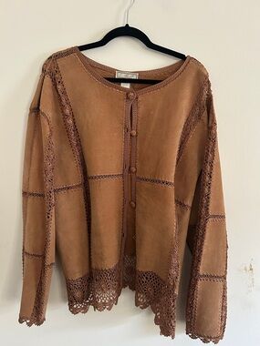 Brown Leather Crochet Trim Button Cardigan